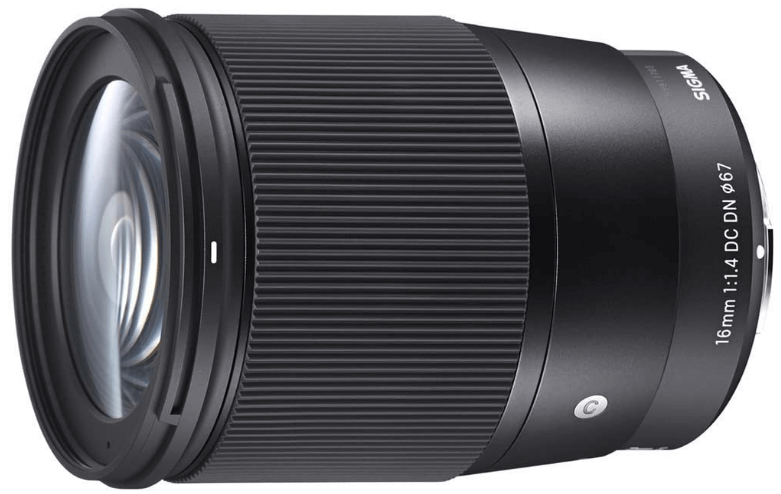 This is an image of a black Sigma 16mm camera lens for sony a6500 camera 