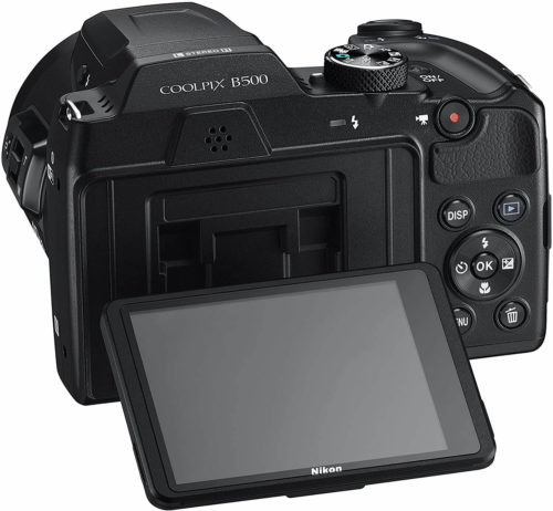 This is the back of the Nikon COOLPIX B500 Digital Camera with the screen being adjusted