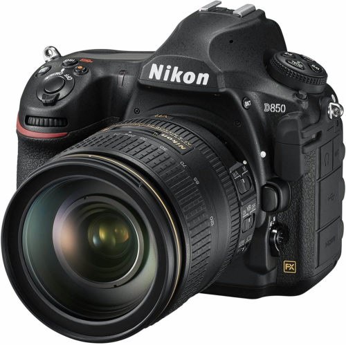 front view of a Nikon D850 with its lens attached