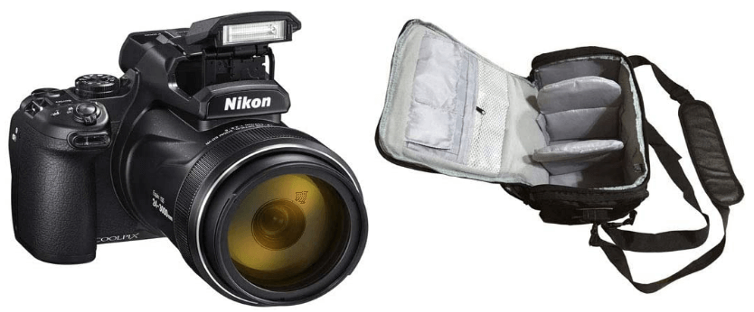 This is an image of a black COOLPIX P1000 Digital 4K Camera with 16.7MP sensor, 24 - 3000mm lens and Camera carrier case