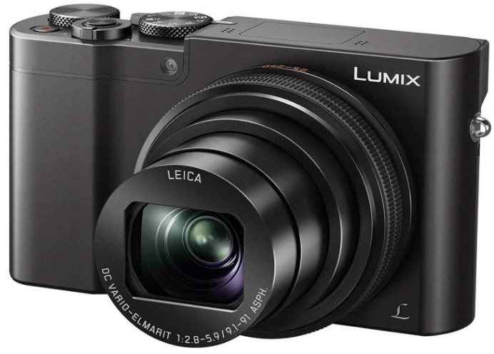 This is an image of a black PANASONIC LUMIX ZS100 4K digital camera with 10X LEICA zoom ,20.1 Megapixels sensor and 3 Inch LCD,