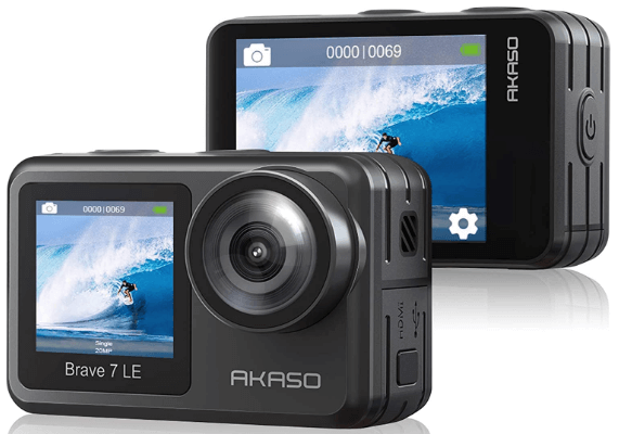 This is an image of front and backside of a black AKASO Brave 7 action camera