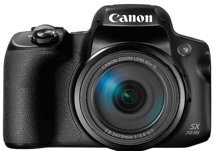 This is an image of a black Canon Powershot SX70 Digital Camera with 65x Optical Zoom Lens 4K Video, 20.3MP sensor and 3-inch LCD 