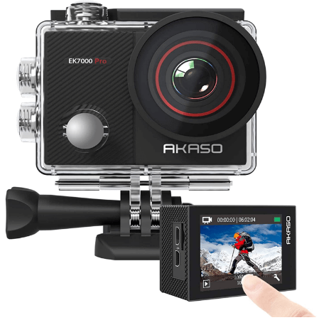 This is an image of front and backside of a black AKASO EK7000 Pro 4K Action Camera