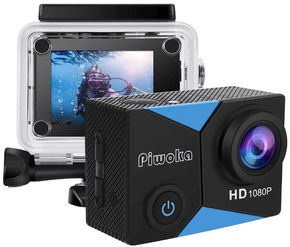 This is an image of front and backside of a black Piwoka HD Action Camera