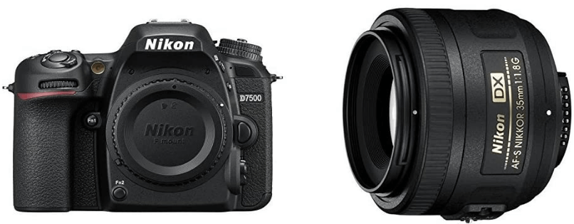 This is an image of a black Nikon D7500 DX-format Digital SLR camera with 35mm Prime Lens