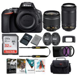 This is an image of a black Nikon D5600 DSLR Camera with 18-55mm and 70-300mm Lenses Bundle and accessories including memory card, carrier case and battery 