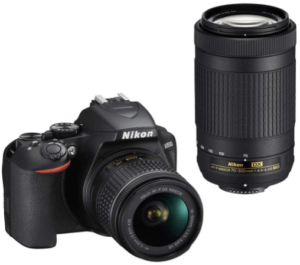 This is an image of a black Nikon D3500 camera with NIKKOR 18-55mm lens
