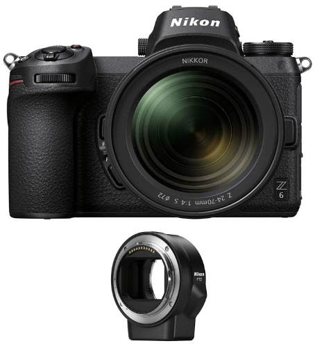 This is an image of a black Nikon Z6 Mirrorless Camera with 24-70mm Lens and FTZ Mount Adapter 