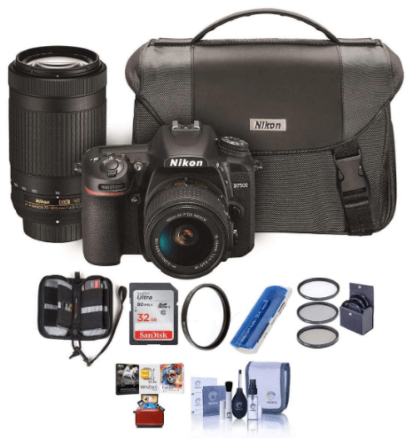This is an image of a black Nikon D7500 DSLR camera bundle with NIKKOR 18-55mm VR and 70-300 lens, camera bag, 32GB SDHC Card, Cleaning Kit, Card Reader, 55mm Filter Kit, 58mm UV Filter, Memory Wallet, Mac Software 