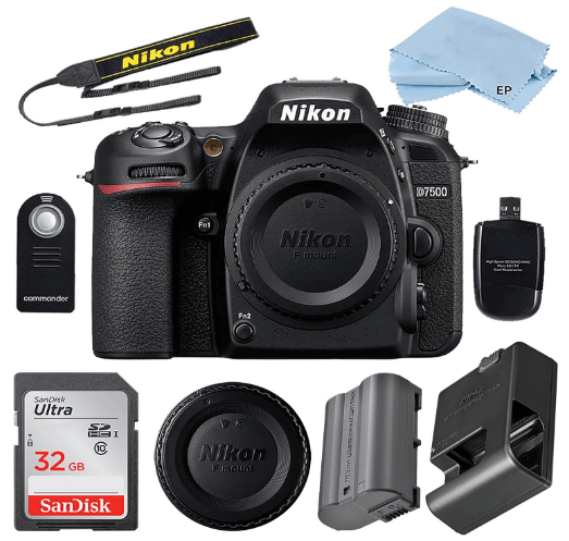 This is an image of a black Nikon D7500 24.2 MP DSLR Camera (Body Only) Bundle Includes 32GB Memory Card, battery charger,Camera Strap, Card Reader, Wireless Remote, Nikon BF-1B Body Cap, Nikon Battery 