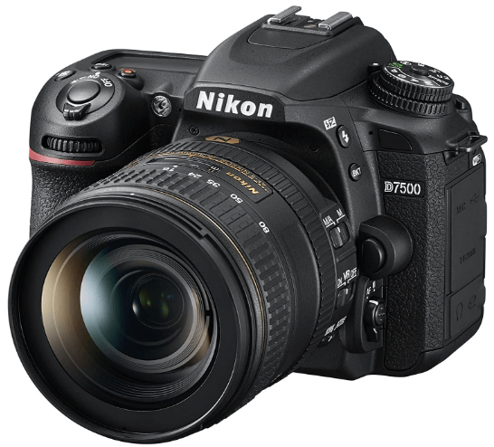 This is an image of a black Nikon D7500 20.9MP DSLR Camera with NIKKOR 16-80mm Lens