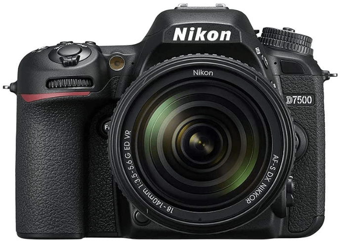 This is an image of a black Nikon D7500 20.9MP DSLR Camera with NIKKOR 18-140mm lens
