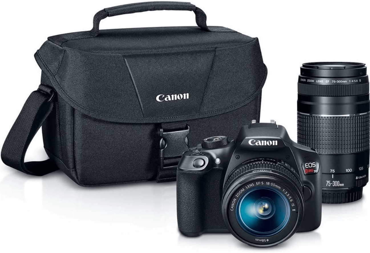 this is an image of a canon eos rebel t6 with case and lenses