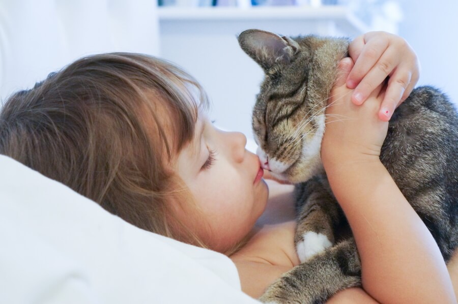 Photo of a kid hugging a cat